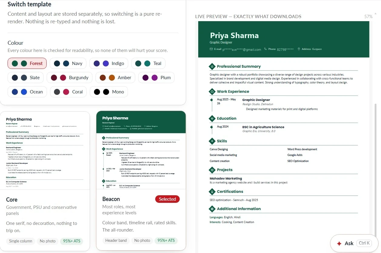 The WorkCMune CV builder with ATS-ready resume templates