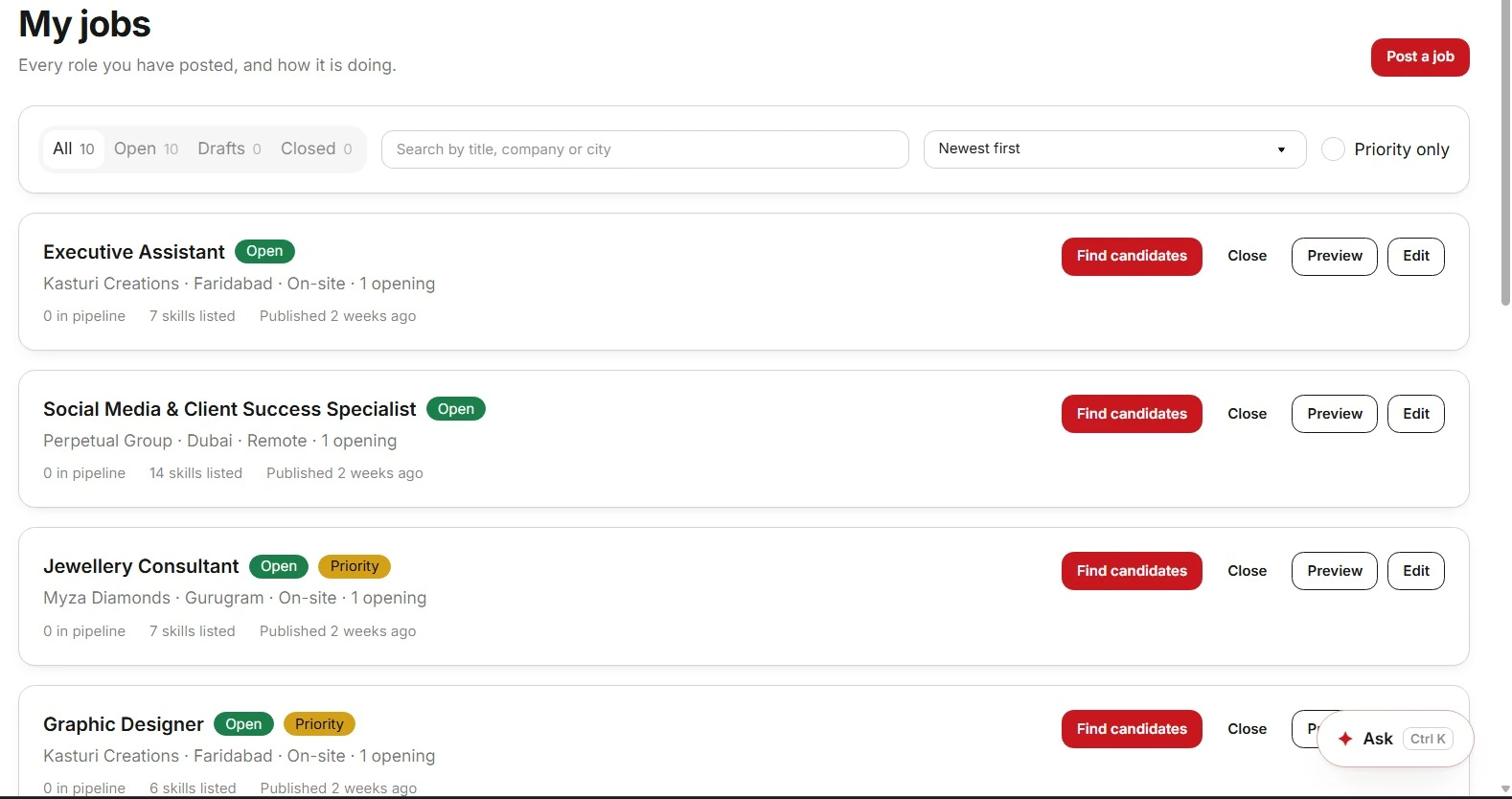 A recruiter's WorkCMune view showing best-matched candidates delivered in a batch